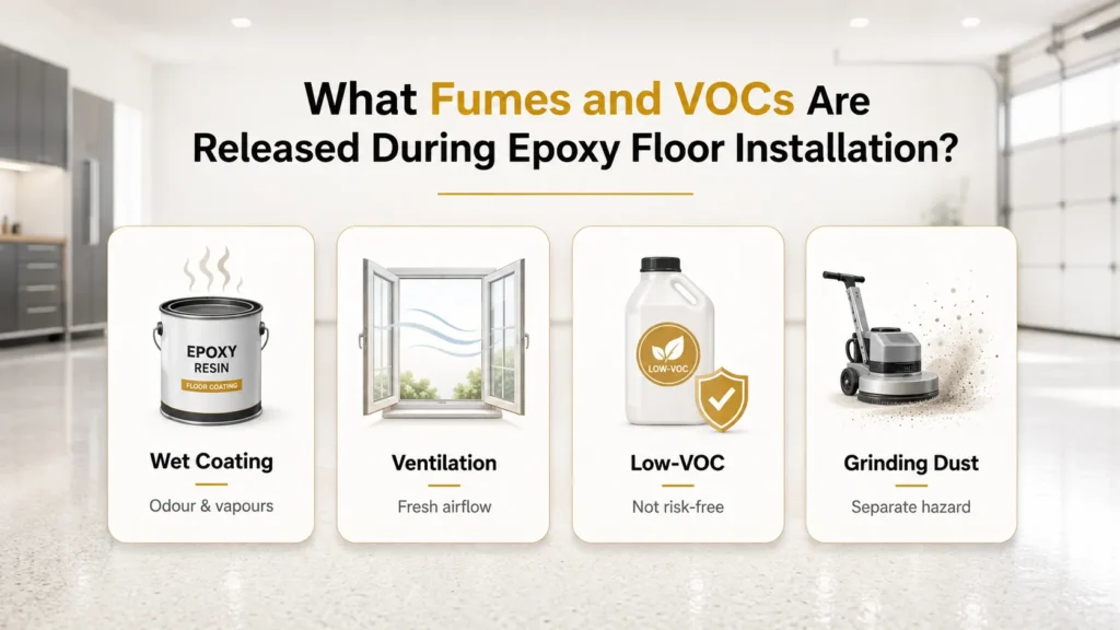 Epoxy flooring installation factors that affect fumes and VOC exposure, including wet coatings, ventilation, low-VOC products and grinding dust.