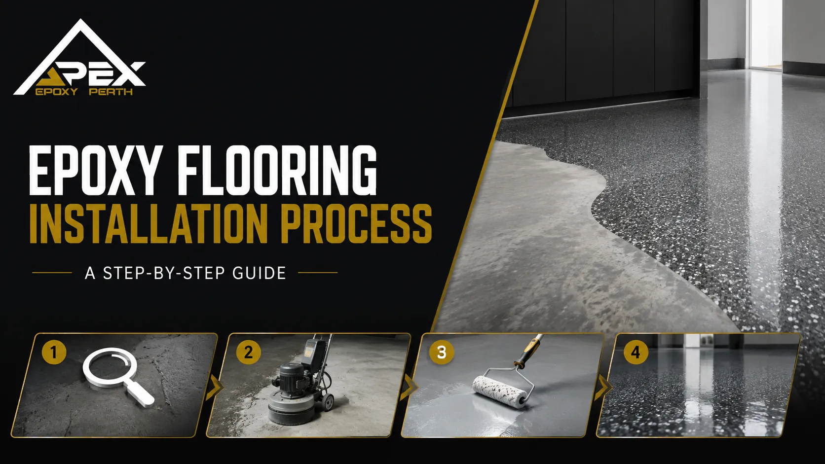 Step-by-step epoxy flooring installation process including inspection, concrete grinding, crack repair, vacuum cleaning, primer, base coat, flakes and topcoat.