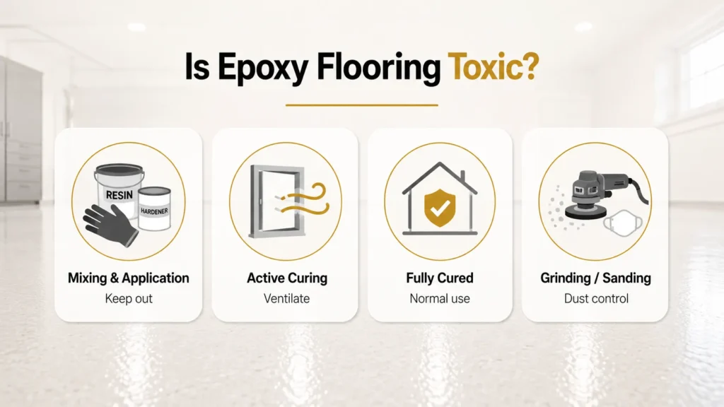 Epoxy flooring toxicity overview comparing risks during mixing and application with safety after the coating has fully cured.