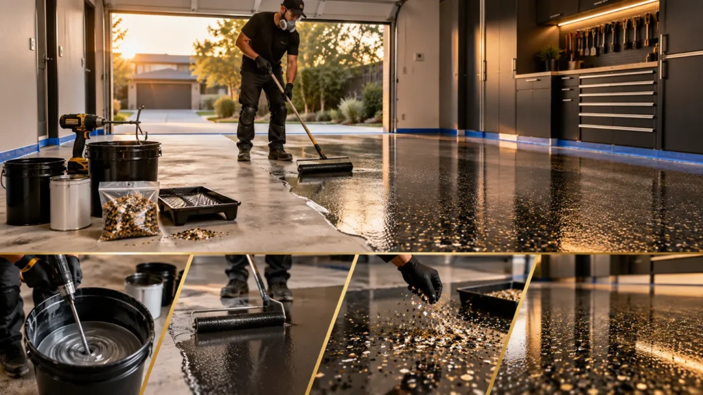 Worker applying epoxy coating to a garage floor with a roller, showing epoxy mixing, decorative flake application and the finished glossy floor.